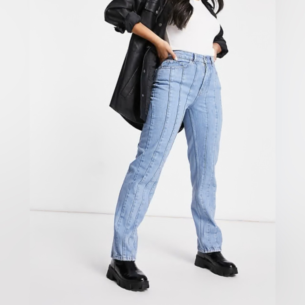 ASOS Design High Rise Straight Leg Jeans With Seams In Midwash Size 28